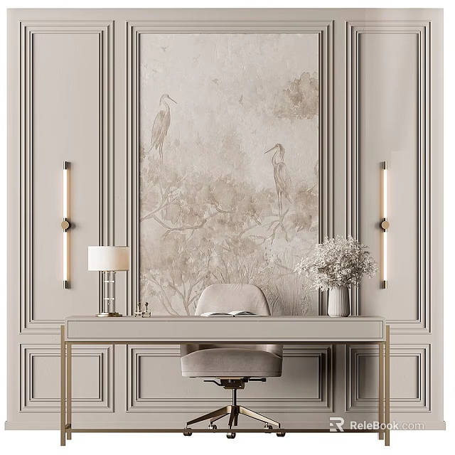 Elegant Desk with Table Lamp Vase and Upholstered Chair Against Floral Bird Wallpaper 3d model 