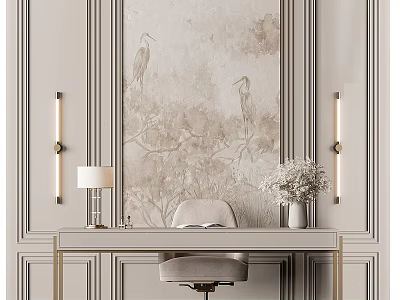 Elegant Desk with Table Lamp Vase and Upholstered Chair Against Floral Bird Wallpaper 3d model