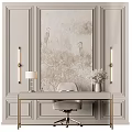 Elegant Desk with Table Lamp Vase and Upholstered Chair Against Floral Bird Wallpaper