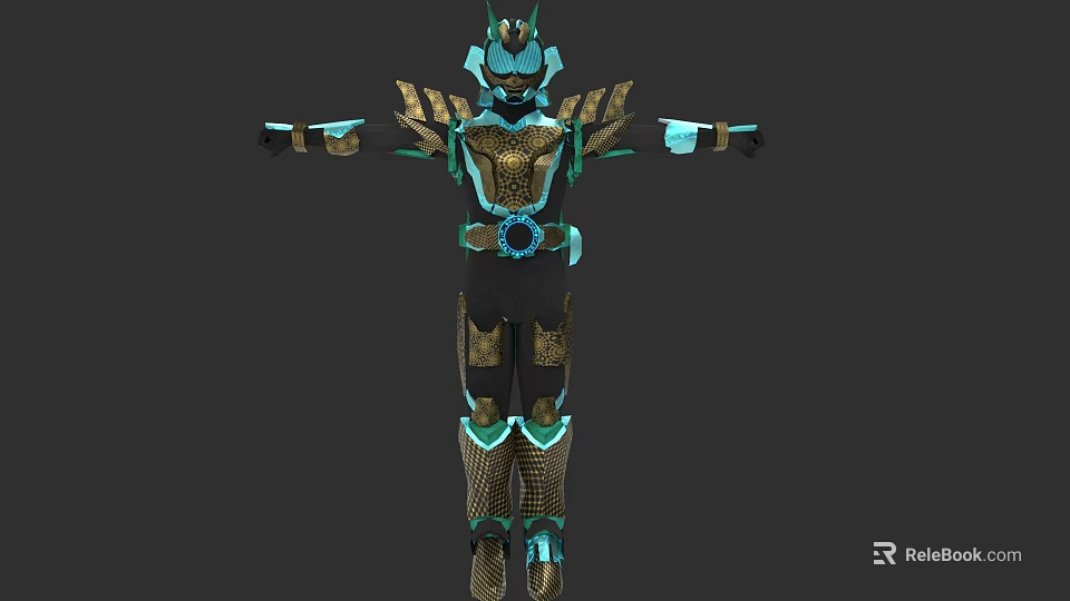 Game Movie Character In Blue And Gold Armored Suit With Helmet And Futuristic Design 3d model 