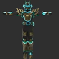 Game Movie Character In Blue And Gold Armored Suit With Helmet And Futuristic Design