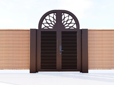 Dark Brown Double Door Entrance Gate With Arched Decorative Cutout And Striped Wall Panels 3d model