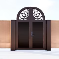 Dark Brown Double Door Entrance Gate With Arched Decorative Cutout And Striped Wall Panels