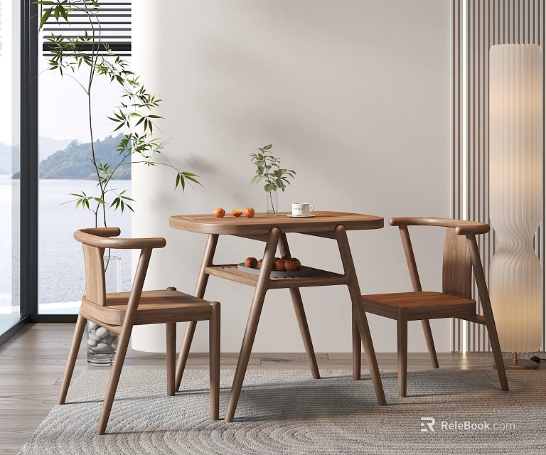 Two Wooden Leisure Chairs By Round Table With Lake View And Green Plants 3d model 