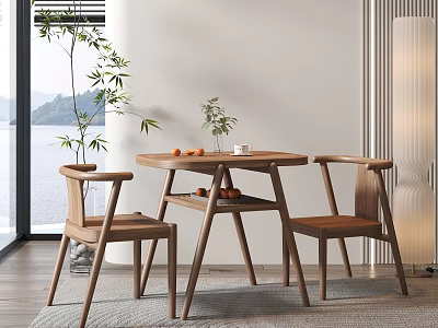 Two Wooden Leisure Chairs By Round Table With Lake View And Green Plants 3d model