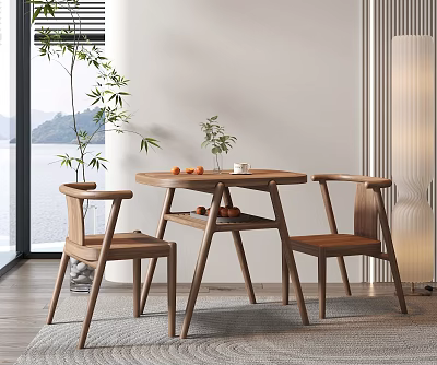 Two Wooden Leisure Chairs By Round Table With Lake View And Green Plants 3d model