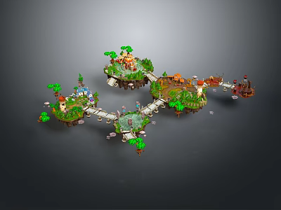 Floating Islands Connected By Bridges With Green Plants And Small Structures Layout 3d model