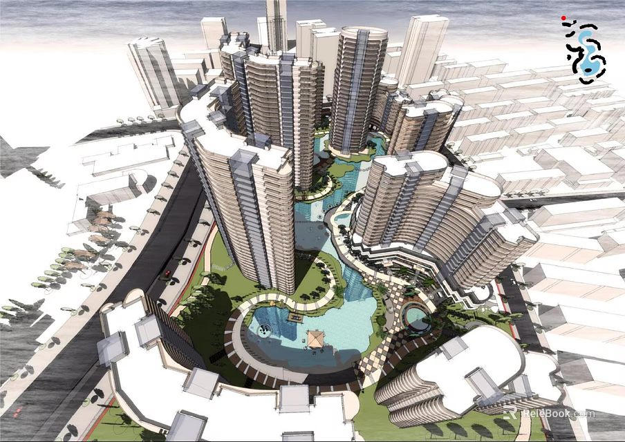 Modern Urban High Rise Complex With Central Water Feature And Surrounding Roads 3d model 