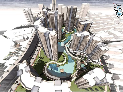 Modern Urban High Rise Complex With Central Water Feature And Surrounding Roads 3d model