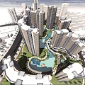 Modern Urban High Rise Complex With Central Water Feature And Surrounding Roads