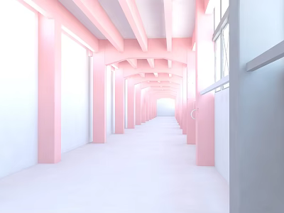 Bright Modern Elevator Hallway With Pink Columns White Walls And Ceiling Beams 3d model