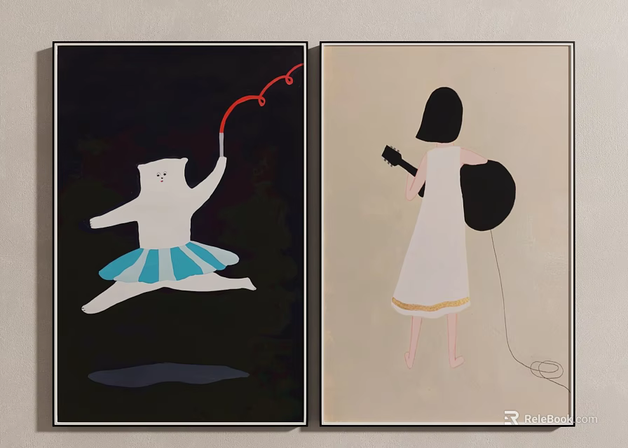 Modern Decorative Wall Art With Bear In Ballet Skirt And Girl In White Dress 3d model 