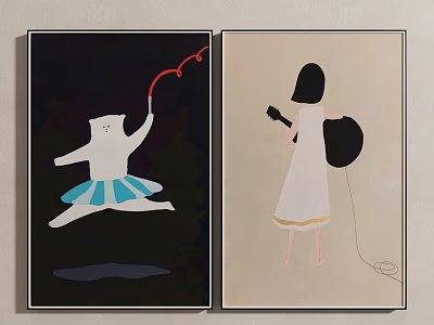 Modern Decorative Wall Art With Bear In Ballet Skirt And Girl In White Dress 3d model