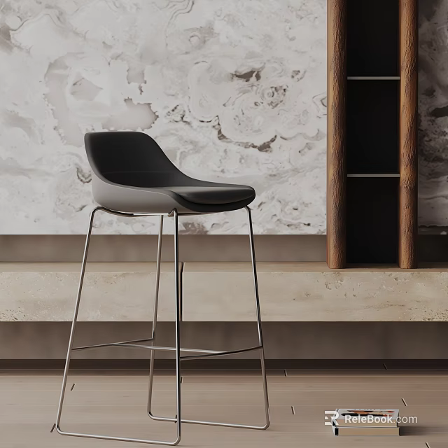 Modern Black Bar Stool With Metal Legs Against Textured Wall And Wooden Shelf 3d model 