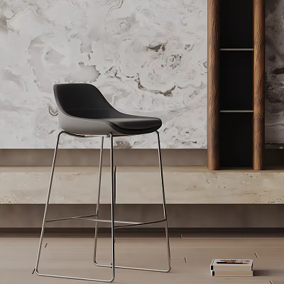Modern Black Bar Stool With Metal Legs Against Textured Wall And Wooden Shelf 3d model