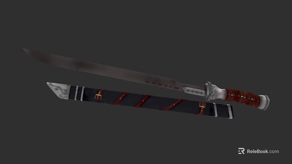 Traditional Decorative Weapon Sword With Red Black Sheath And Metal Handle Design 3d model 