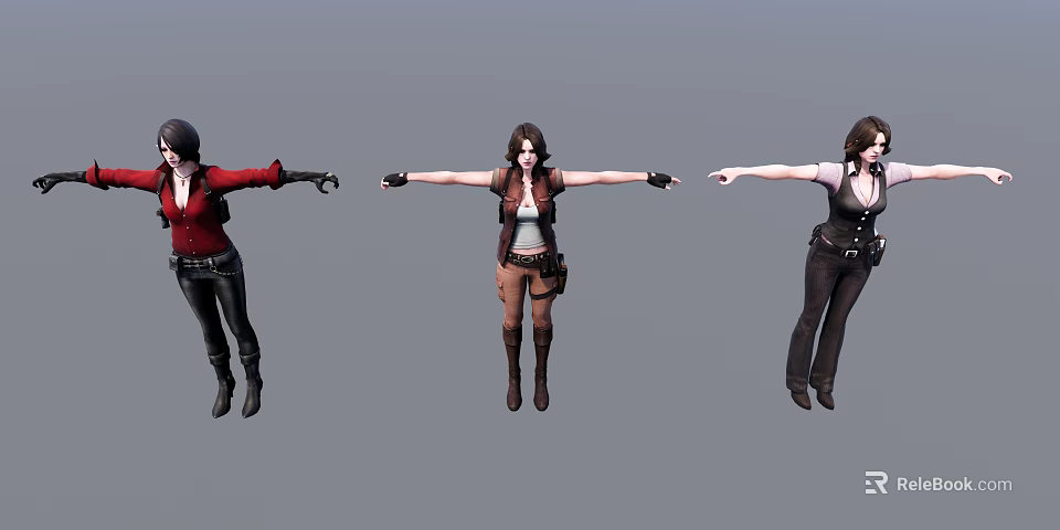 Game Movie Female Characters Three Different Outfits Arms Outstretched 3D Models Design 3d model 