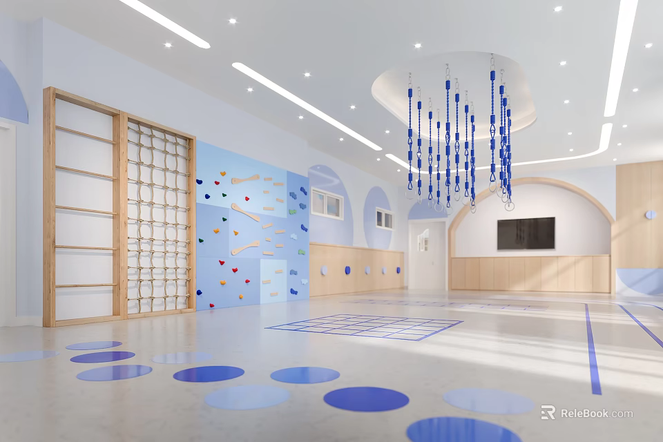 Modern Kindergarten Interior With Climbing Wall Blue Chandeliers And Colorful Floors 3d model 