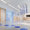 Modern Kindergarten Interior With Climbing Wall Blue Chandeliers And Colorful Floors