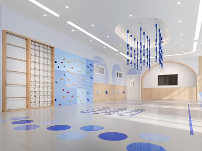 Modern Kindergarten Interior With Climbing Wall Blue Chandeliers And Colorful Floors 3d model