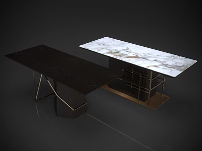 Two Stylish Dining Tables Featuring Dark Surface And White Marble Top With Metal Frames 3d model