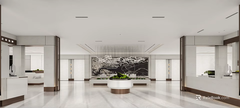Modern Sales Office Interior With Spacious Design Hanging Chandelier And Decorative Painting 3d model 