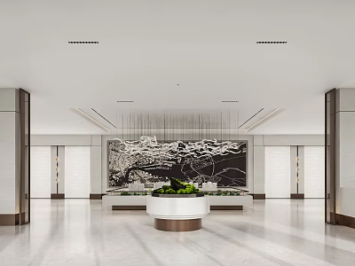 Modern Sales Office Interior With Spacious Design Hanging Chandelier And Decorative Painting 3d model