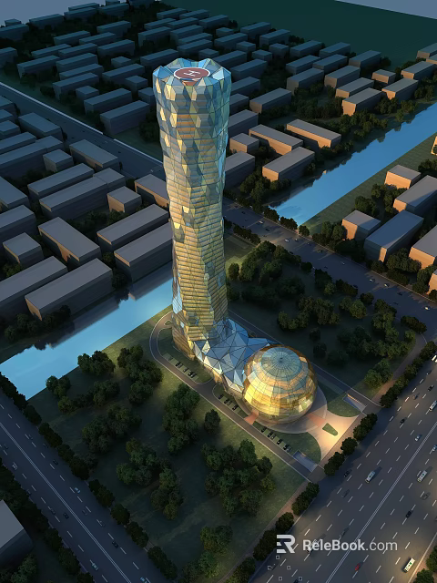 Aerial Planning View of Modern Urban City With Tall Skyscraper River Greenery and Surrounding Buildings 3d model 