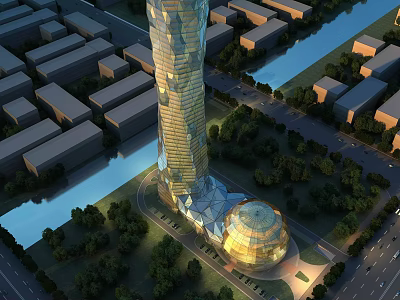 Aerial Planning View of Modern Urban City With Tall Skyscraper River Greenery and Surrounding Buildings 3d model