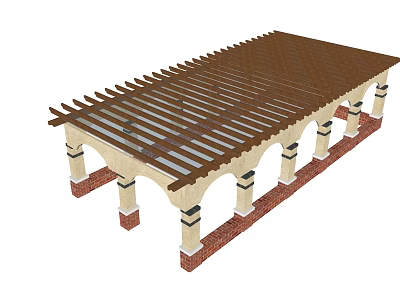 Outdoor Pergola Structure With Wooden Lattice Roof And Brick Stone Columns 3d model