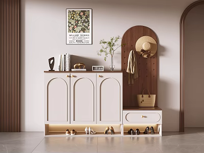 Modern Cream Entryway Shoe Cabinet With Wooden Pegboard Hanging Area And Built In Storage Bench 3d model