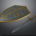 Blue and Gold Decorative Shield and Sword as Medieval Weapons with Ornate Patterns