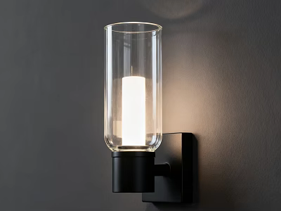 Modern Wall Sconce with Transparent Glass Shade Black Fixture on Dark Wall Illuminated 3d model