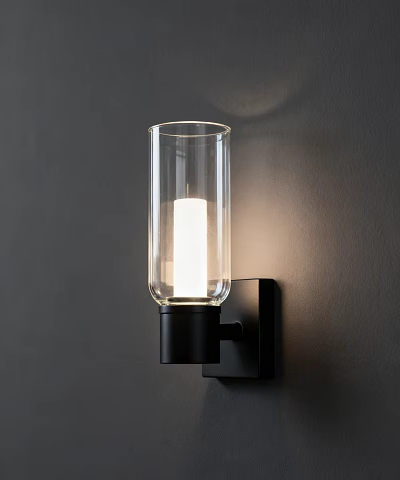 Modern Wall Sconce with Transparent Glass Shade Black Fixture on Dark Wall Illuminated 3d model