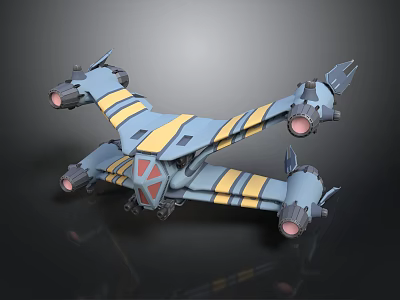 Sci Fi Style 3D Spaceship Model With Gray Yellow Stripes Red Accents And Thrusters 3d model