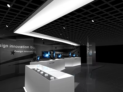 Design Innovation Exhibition Space With Modern White Display Counters And Lighting 3d model