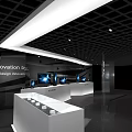 Design Innovation Exhibition Space With Modern White Display Counters And Lighting