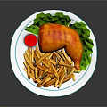 Crispy Fried Chicken With Golden French Fries And Red Sauce On Plate With Lettuce