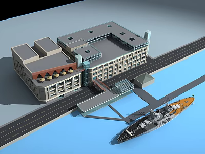 Modern Waterfront Building Complex With Dock And Moored Ship Structure 3d model
