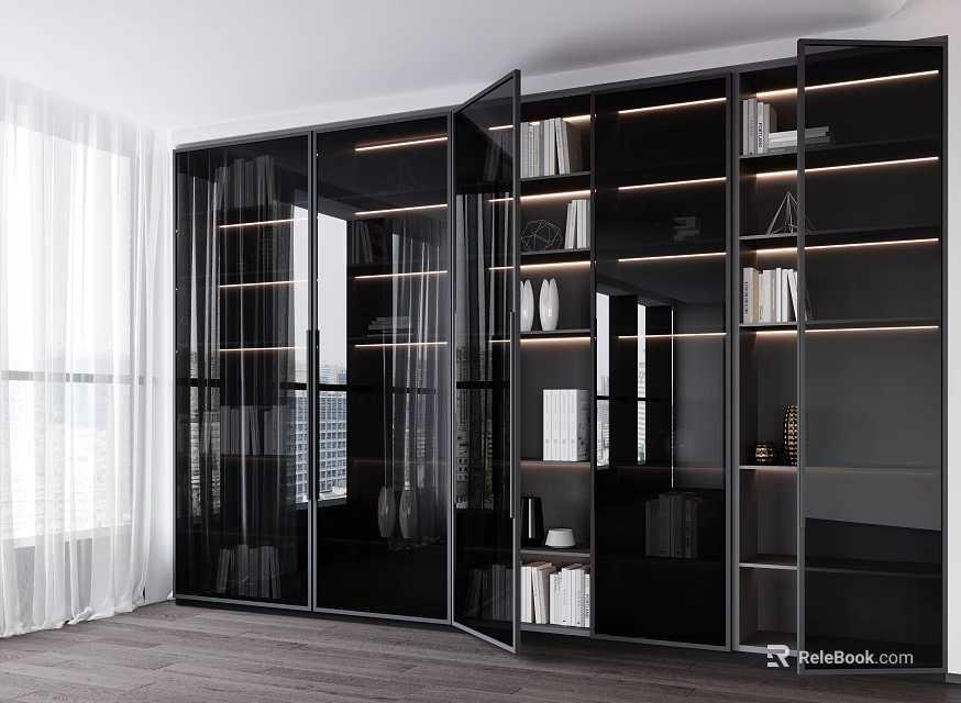 Modern Black Display Cabinet With Glass Doors Open Shelves Lighting Books And Decorations 3d model 