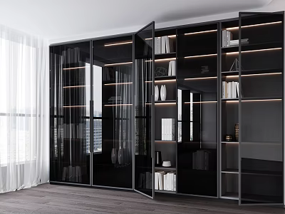 Modern Black Display Cabinet With Glass Doors Open Shelves Lighting Books And Decorations 3d model