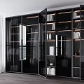 Modern Black Display Cabinet With Glass Doors Open Shelves Lighting Books And Decorations