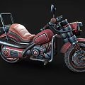 Vintage Red 3D Model Motorcycle with Yellow Headlight Brown Leather Seat and Large Tires