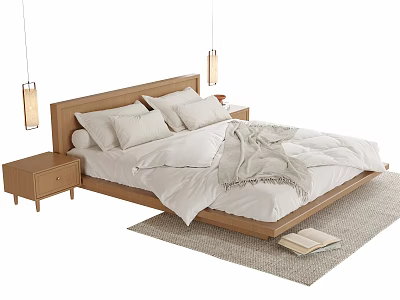 Wooden Double Bed with White Bedding Pillows Nightstands Hanging Lamps and Rug 3d model