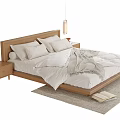 Wooden Double Bed with White Bedding Pillows Nightstands Hanging Lamps and Rug
