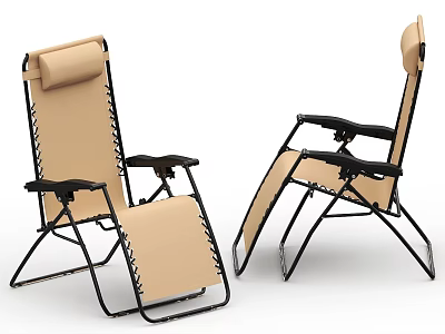 Folding Lounge Chair With Beige Cushion Black Metal Frame And Armrests 3d model