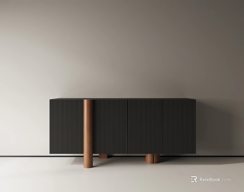 Modern Black Console Cabinet With Vertical Stripe Design And Copper Legs 3d model