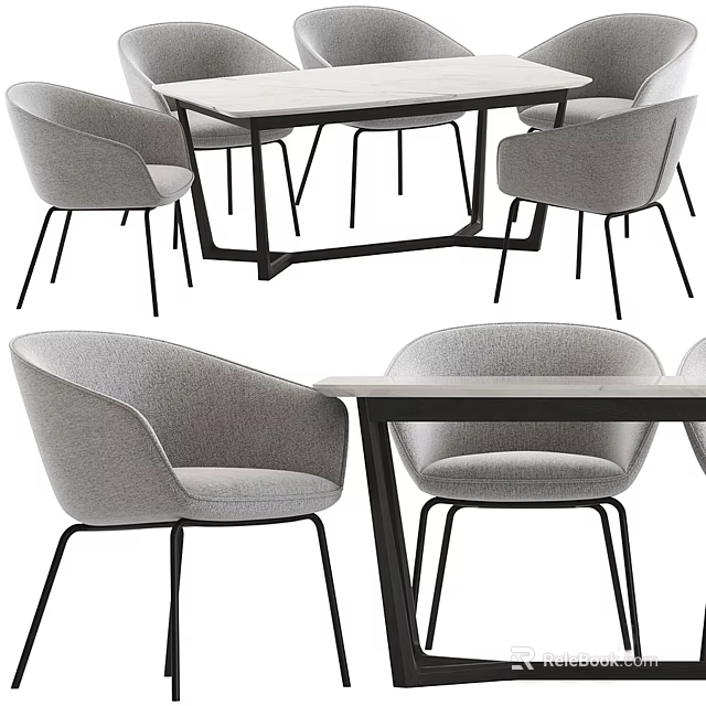 Modern Dining Table Set With Black Frame And Grey Comfortable Chairs For Dining Room 3d model 