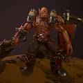 Horned Fantasy Warrior Character Wielding Axe With Barrels Banner And Stones On Diorama Base
