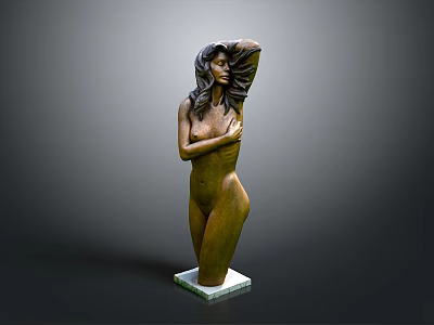 Bronze Woman Sculpture with Long Hair and Elegant Pose on White Marble Pedestal 3d model